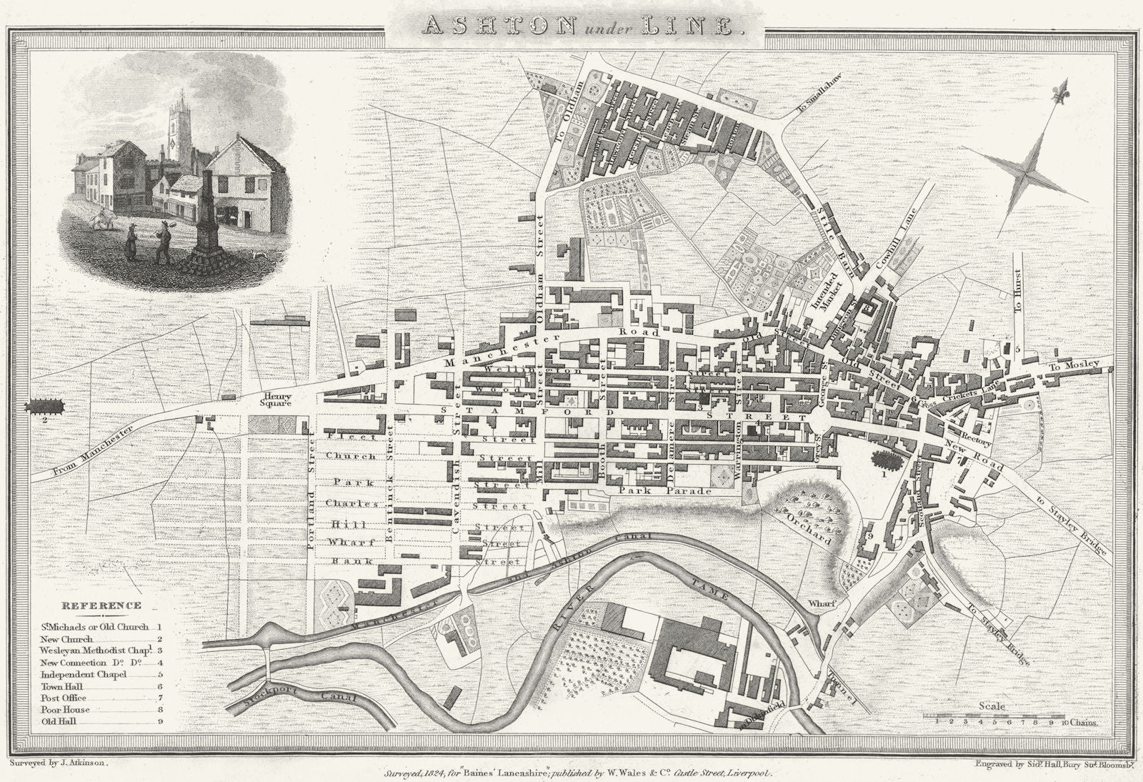 CHESHIRE. Ashton under Lyne. Town Plan Wm Wales c1825 old antique map chart